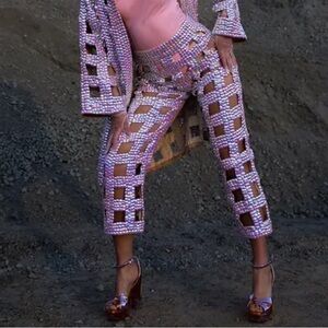 NEW Heyami Pink Pearl Iridescent Cutout Yoroi Trousers Small Festival Raver